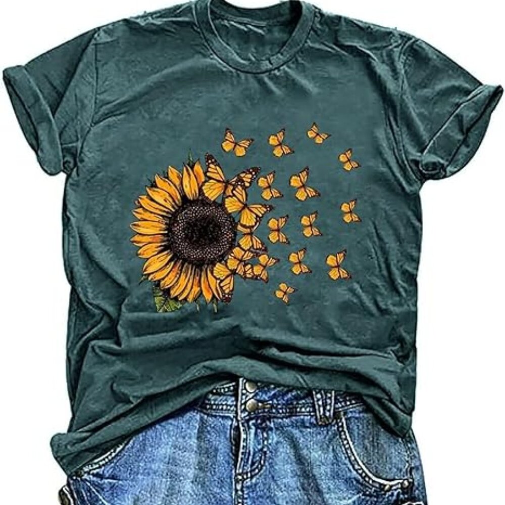 Green  Graphic Tee with Sunflower and Orange Butterflies